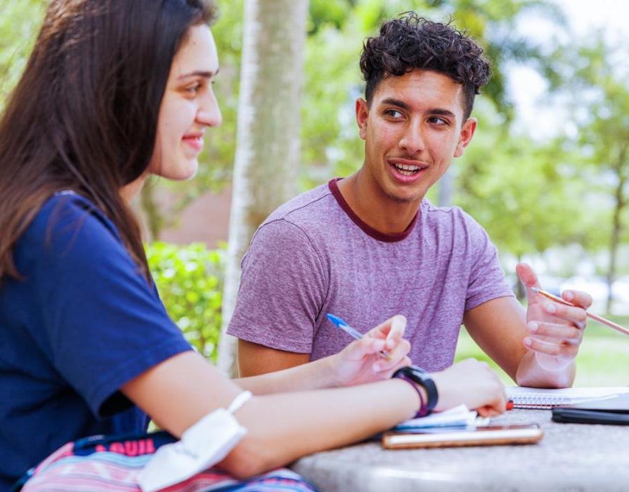 Students study at an outdoor table on campus