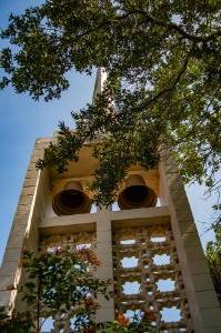 Looking up through a tree at the steeple and bells at the All Faiths Center